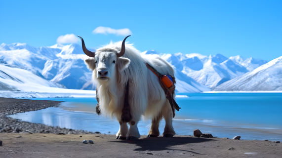 雪山湖泽野牦牛在明亮背景下的摄影图片