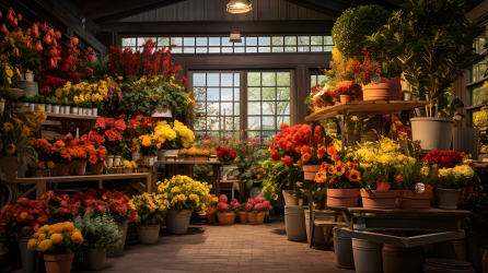 精确主义风格下的微光绯红与黄色景观花店摄影图片