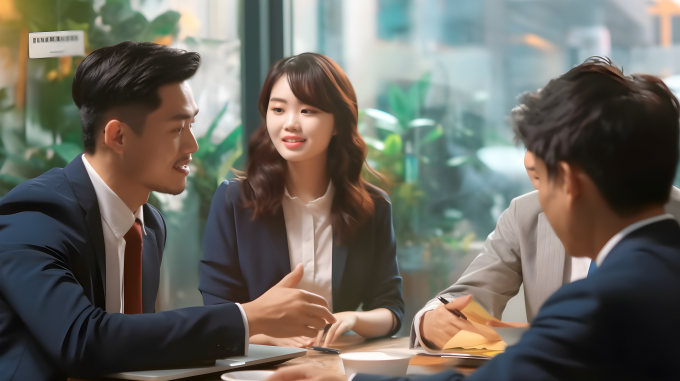 四位年轻亚洲人在会议室讨论的摄影图片