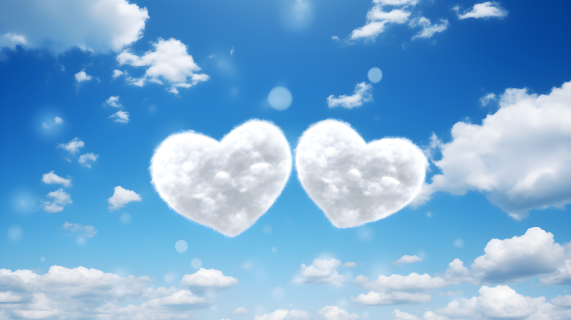浪漫蓝天中的两朵心形云摄影图片