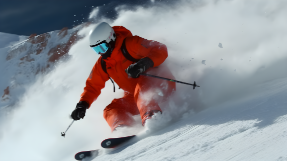 高速划过雪坡的滑雪摄影图片