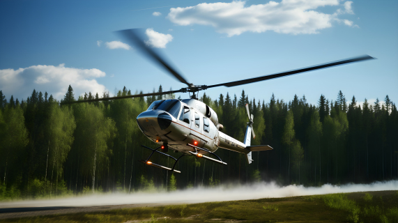 现代金属工艺：树林旁飞行着的直升机摄影图