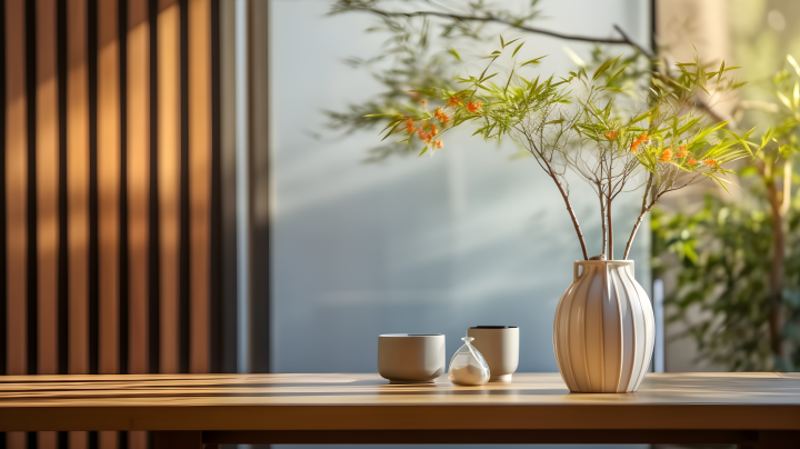 桌上摆放的花瓶和竹子摄影版权图片下载