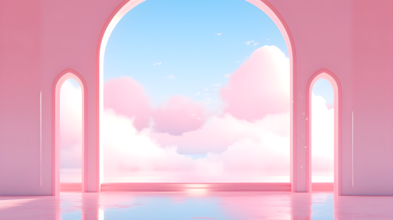 粉色背景下的云彩拱门摄影图片