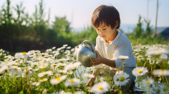 亚洲孩子在田野中浇水黄花摄影图片