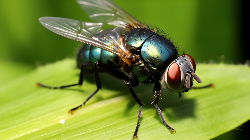 绿叶上的明亮飞蝇摄影图片