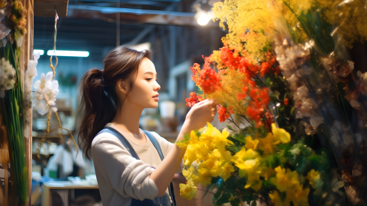 中国花店美女挑选鲜花摄影版权图片下载