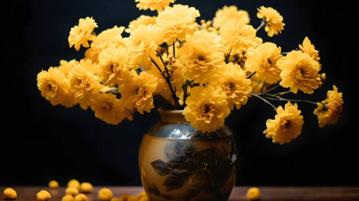 陶瓷花瓶盛满黄色鲜花摄影版权图片下载