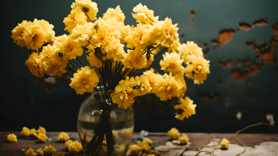 明亮的黄色花朵装满小花瓶摄影图片