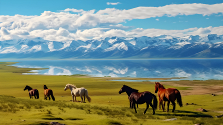 风景明亮，草原上的马群摄影图片