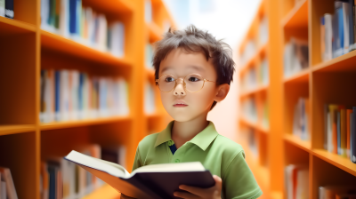 图书馆前的小男孩静静阅读摄影图