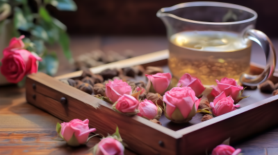 木托盘上的玫瑰花茶摄影图片