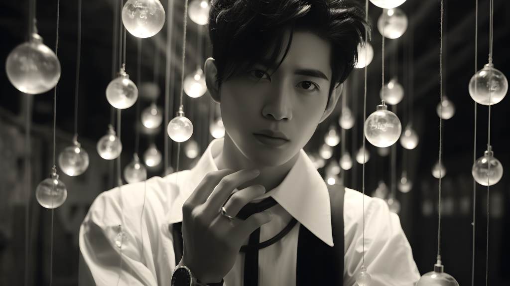 黑白照片中的男人戴戒指，式格画风下的摄影图