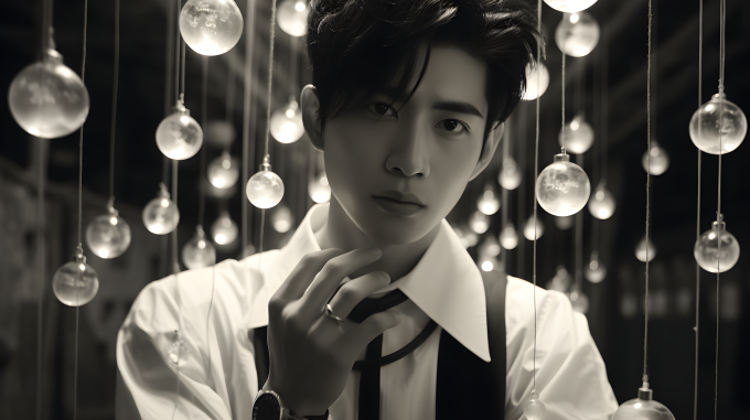 黑白照片中的男人戴戒指，式格画风下的摄影图