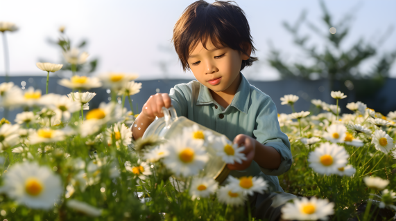 亚洲儿童田野中浇水黄花摄影图