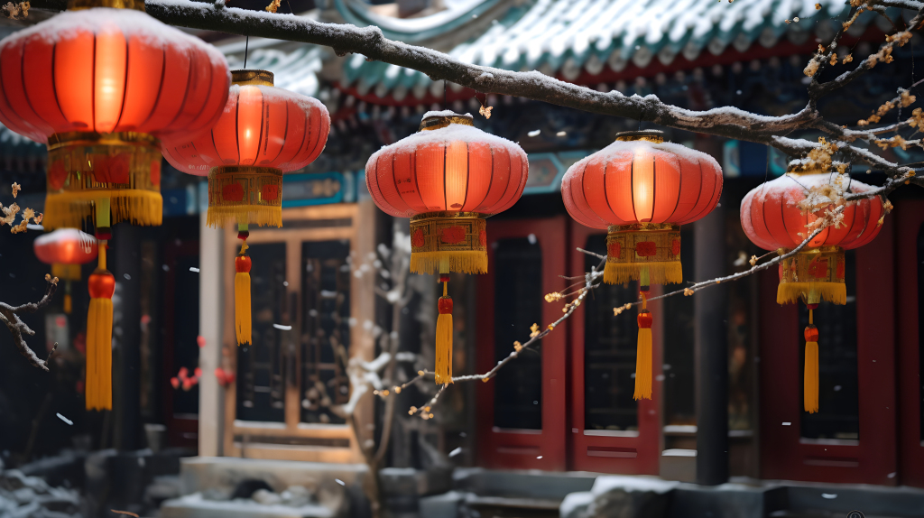 典雅北南风情，白楼挂灯摄影图片