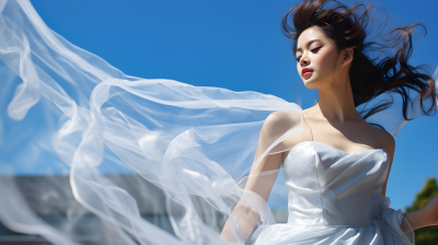 白纱新娘飞舞的天空蓝尼康D850摄影图
