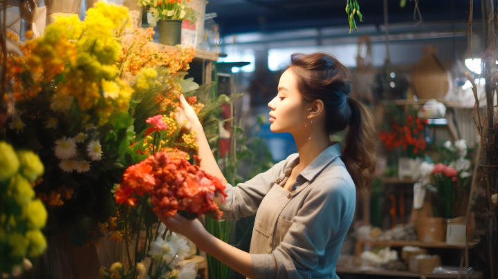 中国花店中的美丽女子，挑选鲜花摄影版权图片下载