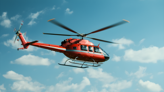 红色直升机飞翔于蓝天摄影图