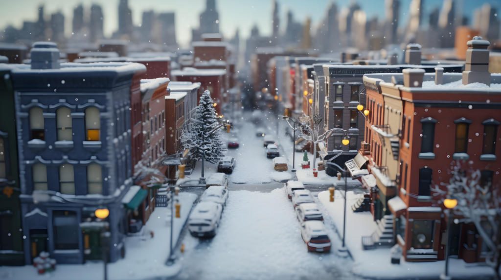 冬日城市风光：雪覆砖石建筑的摄影图