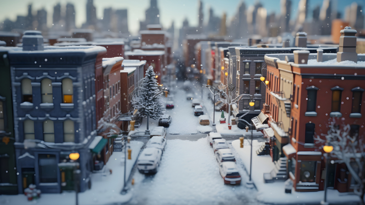 冬日城市风光：雪覆砖石建筑的摄影图版权图片下载