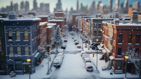 冬日城市风光：雪覆砖石建筑的摄影图