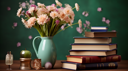 教师节贺卡：书籍、鲜花和钢笔的达达主义拼贴摄影图