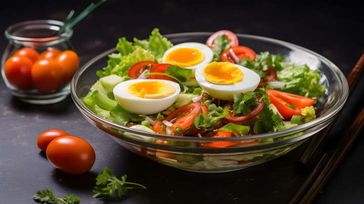 蔬菜和水煮蛋的中国沙拉摄影版权图片下载