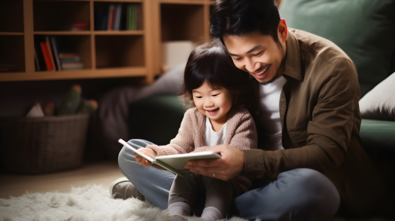 亚洲父女阅读PDA摄影图片