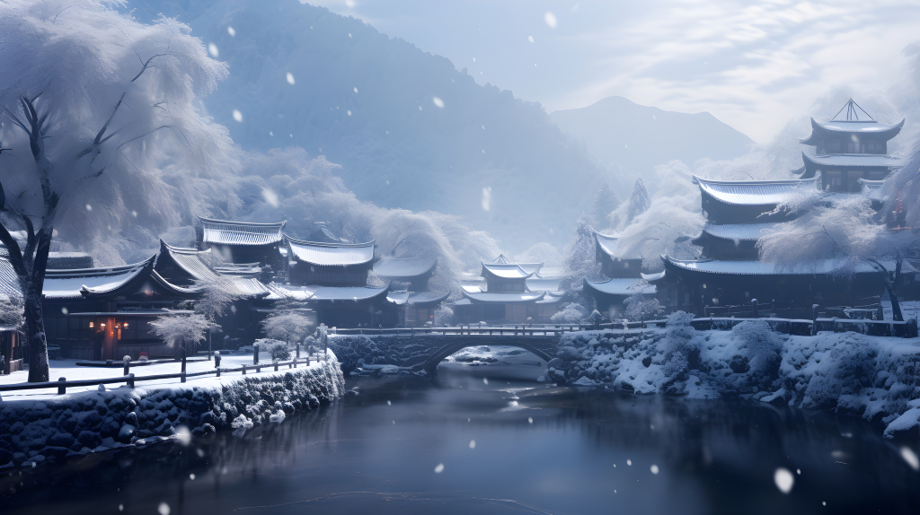 浙江中国冬日山村飘雪摄影版权图片下载