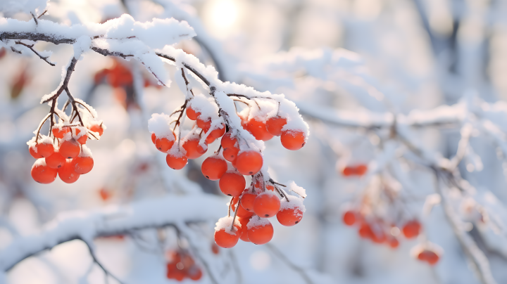 雪中的明红浆果与树摄影版权图片下载