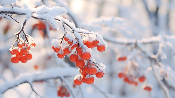 雪中的明红浆果与树摄影图片