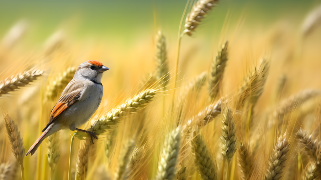 阳光明媚的麦田上栖息的鸟