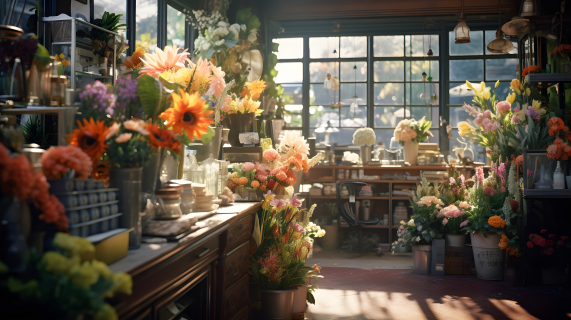 深银浅琥珀充满鲜花的花店内部摄影图