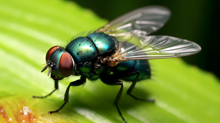 绿叶上的一只具有明亮背景苍蝇摄影版权图片下载