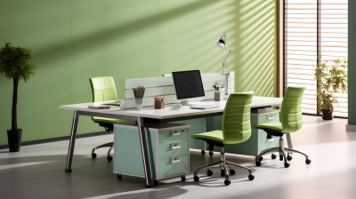 绿色办公桌椅，轻银清新风格的摄影图片