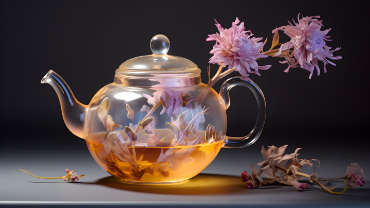 桃子和紫罗兰泡茶壶的摄影图版权图片下载