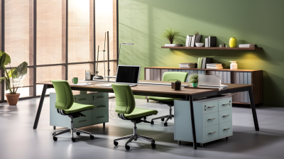 绿色办公桌椅，轻银风格的摄影图片