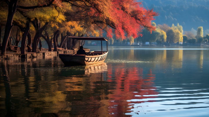 秋水漂浮的船只与美丽的秋叶摄影版权图片下载