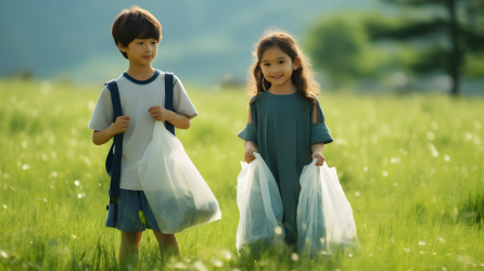 青空下，两个小孩手持塑料购物袋，日式灵感的浅蓝与嫩绿色调摄影图