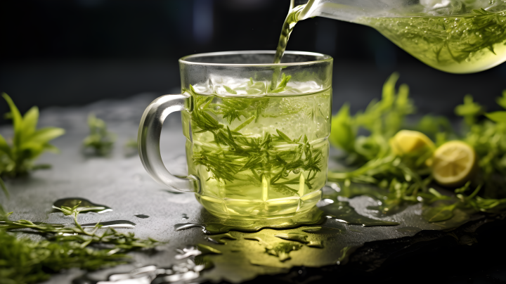草本绿茶倾入清水中的摄影版权图片下载