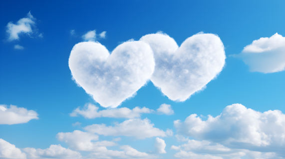 蓝天白云中飞舞的两朵心形云彩摄影图片