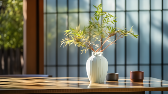 明亮背景下的竹子和花瓶摄影图片