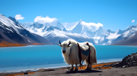 雪山湖泊与牦牛的明亮背景摄影图片