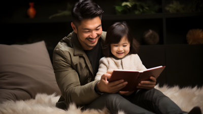 亚洲男子和他的小女孩在PDA上阅读摄影图片