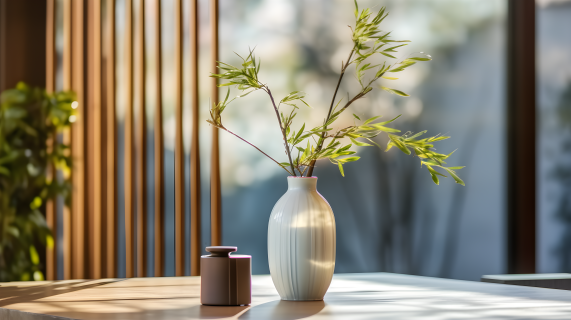 木桌上的花瓶和竹子摄影图片