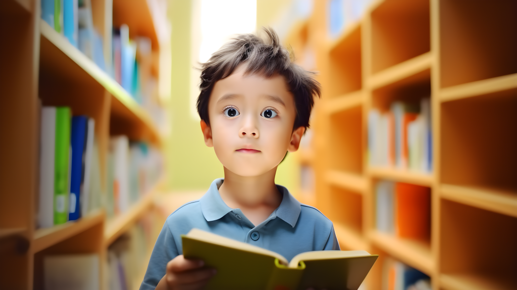 图书馆前的小男孩静静阅读摄影图版权图片下载