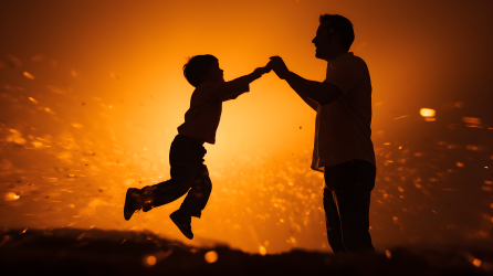 黄昏中的父爱：男孩举起父亲的黑影摄影图片