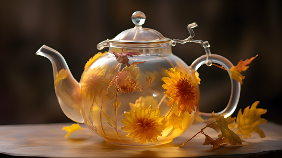 菊花梅子和紫罗兰茶壶摄影图片