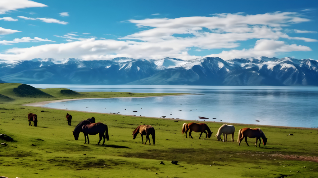 广袤草原上的马群摄影图片